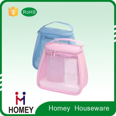 Transparent cosmetic pvc handle bag , fashion stand up plastic make up pouch for promotion